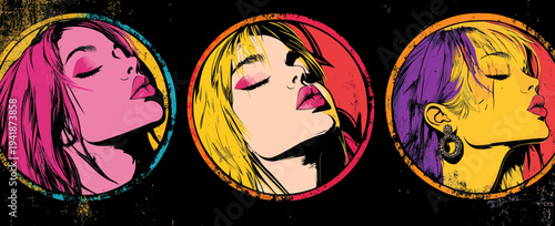 The advertising poster for a sale or discount showcases a pop art style depiction of gossip girls with wow faces, alongside amazed women and sexy club girls