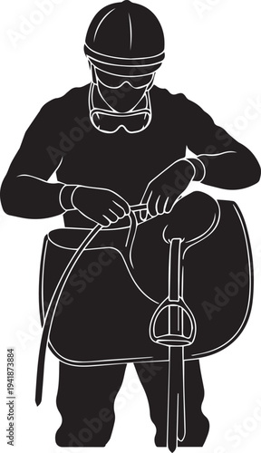 Jockey vector silhouette illustration line art isolated on transparent background fixing saddle