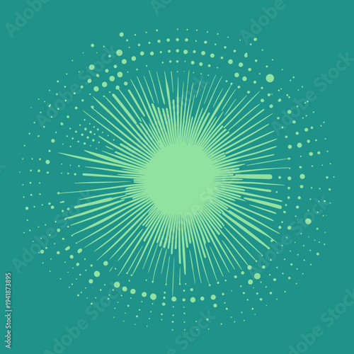 In a modern pop art style inspired by comics, an illustration features a background of bright green rays