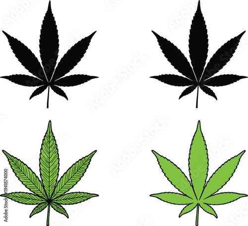 Cannabis Leaf Icon Set in Black and Green for Marijuana, Hemp, and CBD Products, Logos