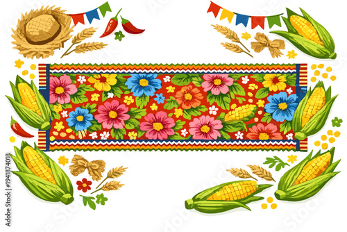 Festa Junina celebration with corn, flowers, and straw hat decor