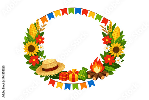 Festa Junina wreath with straw hat, gifts, bonfire, and corn