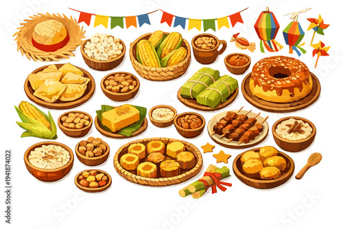 Festa Junina celebration spread with traditional Brazilian foods