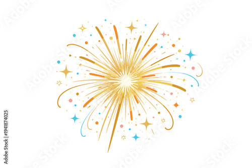 Bright yellow firework exploding with colorful stars and sparks