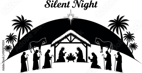 Black and white nativity scene silhouette with stable palm trees and silent night text isolated on white background for Christmas design