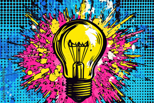 A light bulb depicted in pop art style on a blue background embodies the concept of an idea