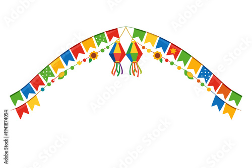 Colorful Festa Junina celebration decor with flags and lanterns