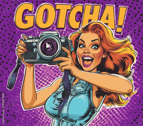A modern illustration shows a pop art style female photographer, who is a journalist, taking a picture with a retro analog camera in a comic book style panel