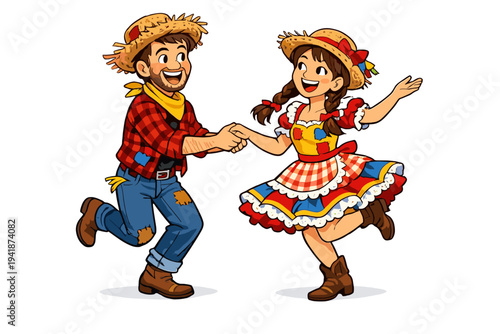Joyful couple dancing in traditional Festa Junina costumes