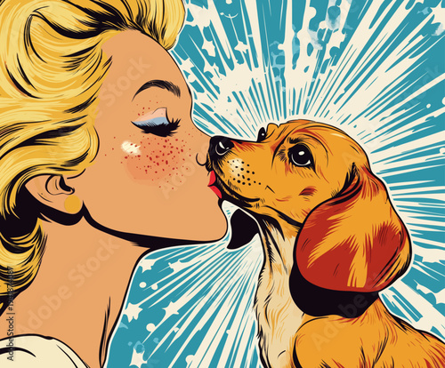 A cute puppy receives a kiss from a sexy blonde woman, captured in a modern pop art style that incorporates retro and comic elements in its background