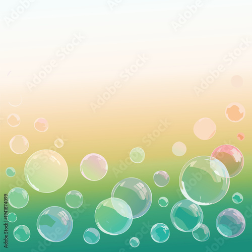 Transparent soap bubbles floating against colorful gradient