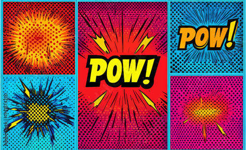 The pop art phrase 'Comic' and 'Pow' is often used in conjunction with 'funny comic speech word' on fashionable posters and banners, as well as social media platforms and blogs that prioritize