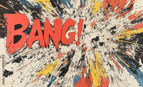 A pop art cloud bubble marked 'Bang' and a 'Wow' funny speech bubble are set against a colorful and trendy retro vintage background, styled after classic comics, and offered as a modern, easily