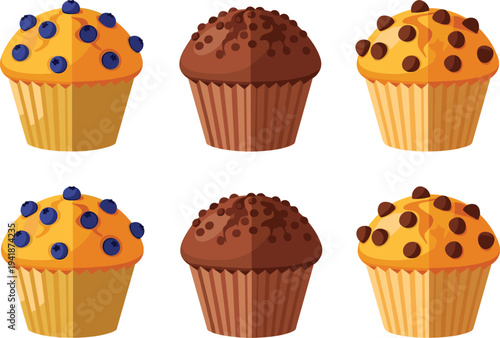 Colorful Muffin Illustration Set Featuring Blueberry Chocolate and Chip Flavors for Bakery Menu Designs and Food Graphics