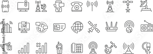 Set of icon related to communications, telecommunications. Linear icon collection. Editable stroke. Vector