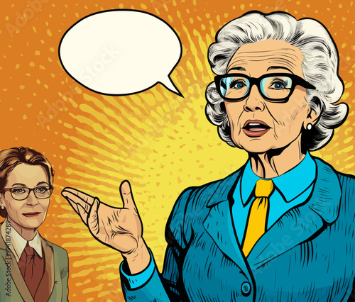 An old woman with a chic modern appearance and a look of surprise is portrayed in a stylized illustration with a yellow retro comic book-inspired background