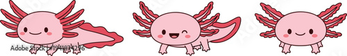 Cute Cartoon Axolotl Character Set with Pink Bodies and Red Gills for Aquatic Animal Education and Decorative Designs