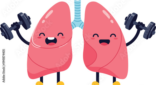 Cute Cartoon Lungs Lifting Weights for Health, Fitness, and Body Organ Illustration Designs