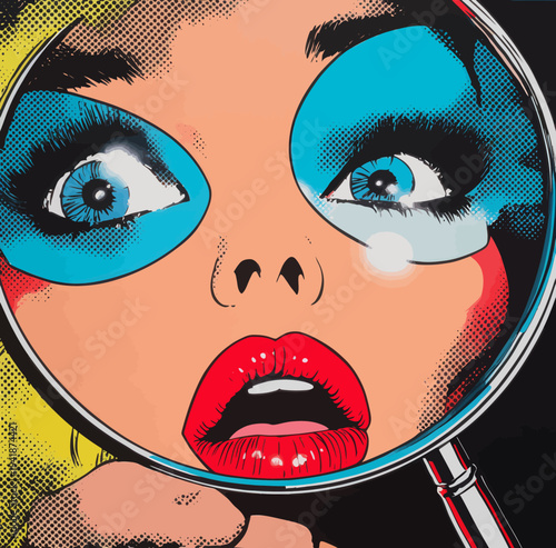 The illustration, done in a pop art style inspired by retro comics, features a woman who works as a detective and is searching with the aid of a magnifying glass