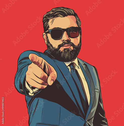 A pop art retro modern illustration features a bearded hipster businessman pointing his index finger at people for promotional purposes