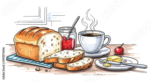 A warm breakfast scene with bread and coffee on a table