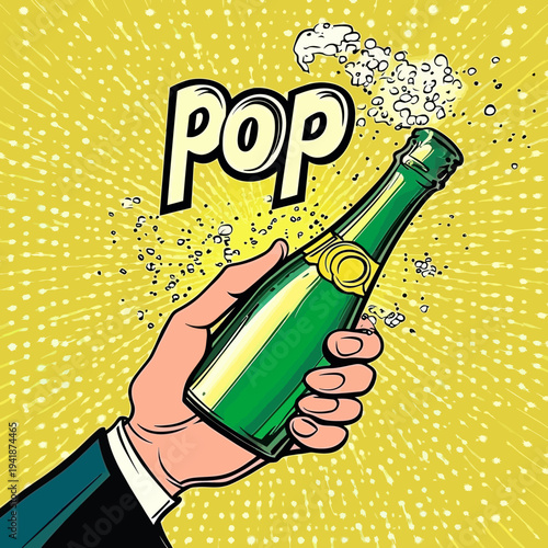 Pop art style modern illustration of champagne cork popping for an alcohol drink design