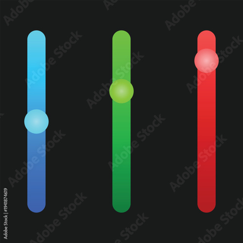 A graphic design of three colorful sliders on a black background