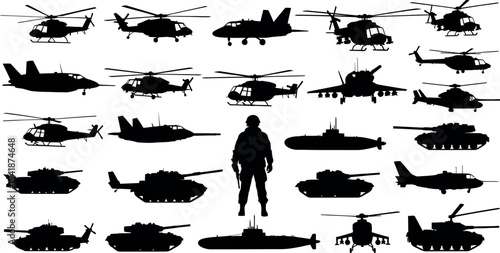 Collection of military helicopter and tank silhouettes with a human figure