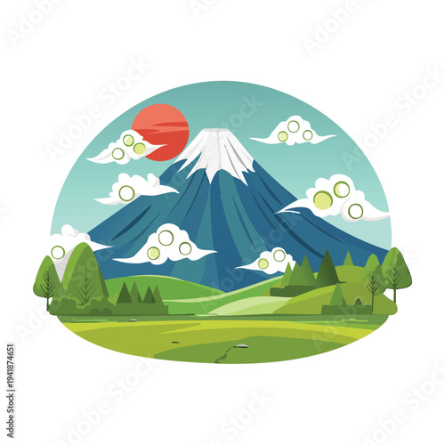 Stylized illustration of a mountain landscape with sun and clouds