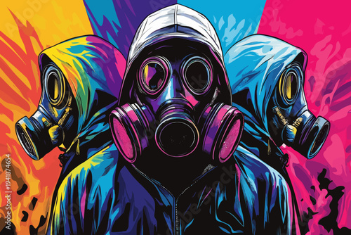 A pop art style illustration features a male doctor as a disinfector, wearing a protective respirator with filtering valves, symbolizing protection from coronavirus, COVID-19, chemical, biological,