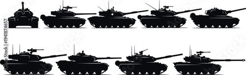 Silhouette of multiple military tanks in two rows facing different directions