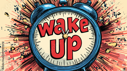 This cartoon illustration combines a comic alarm clock with a speech bubble displaying wake-up text, blending modern dynamism with the nostalgic charm of retro pop art, all on a textured halftone
