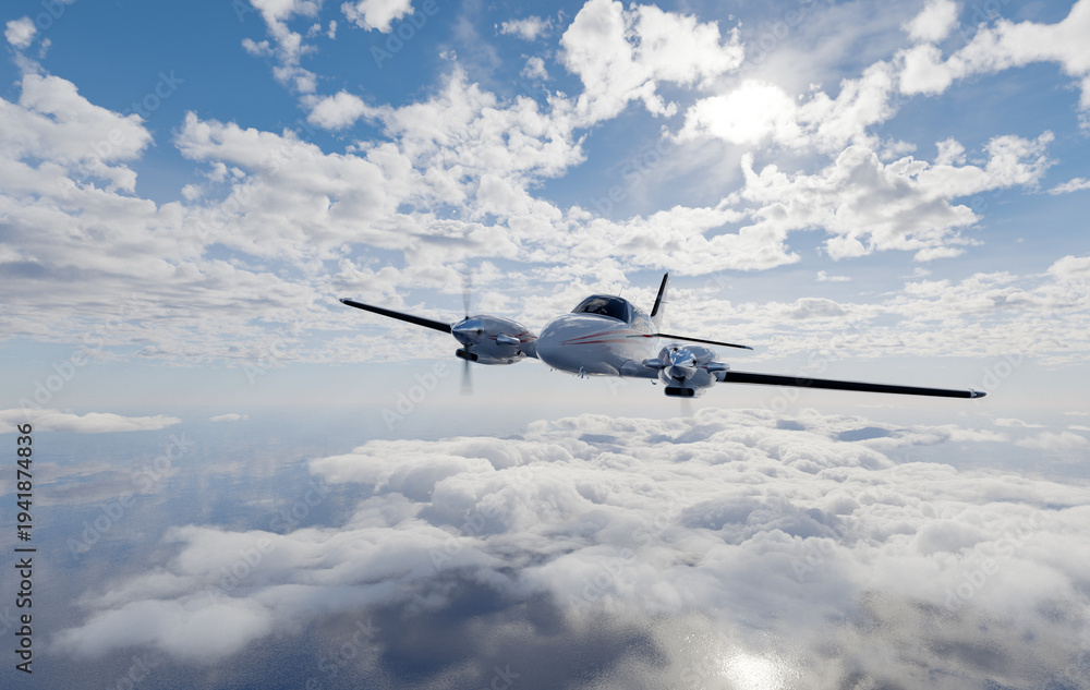 Obraz premium Twin-Engine Aircraft Flying Above Sunlit Clouds Over Ocean Sky — 3D Rendering