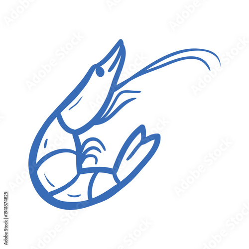 Hand drawn shrimp in line style. Vector illustration for seafood menu, restaurant branding and food related design.