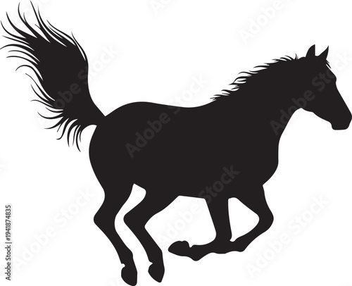 Running horse vector silhouette illustration line art with flowing tail on transparent background