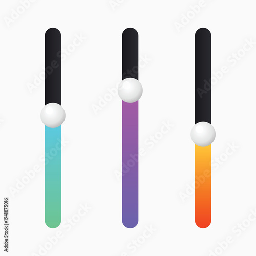 A colorful graphic design featuring three vertical bars with gradient colors and white spheres