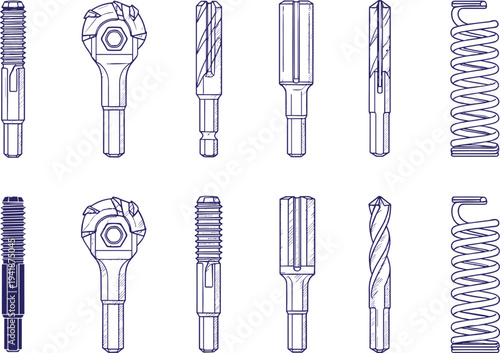 Mechanical Tools and Parts Icon Set Featuring Drills, Threaded Inserts, and Springs for Industrial, Engineering, and Manufacturing