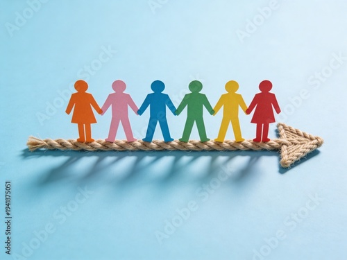 Teamwork Growth Concept with Colorful Paper People on Upward Arrow