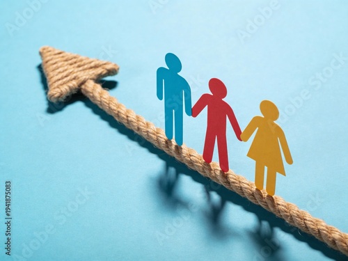 Teamwork Growth Concept with Colorful Paper People on Upward Arrow
