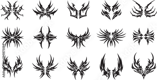 Cyber Sigil Neo Tribal Art Constructor Set. Symmetrical Gothic Winged Tattoo Elements Vector Illustration.