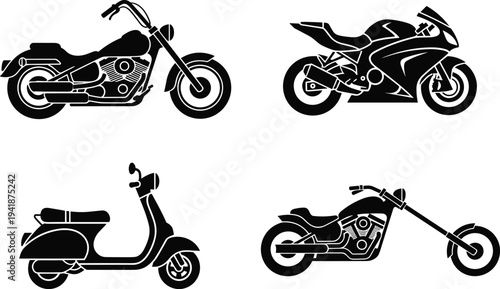 Motorcycle Silhouette Collection Featuring Cruiser Sport Scooter and Chopper Designs 