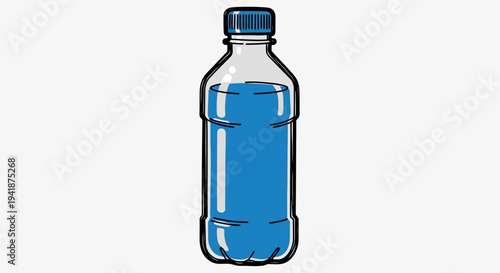 A cartoon illustration of a plastic water bottle filled with blue liquid