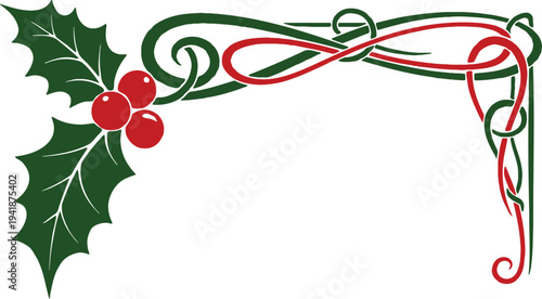Christmas holly border with red berries and ribbon
