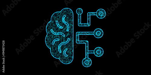 Artificial Intelligence Concept with Human Brain and Digital Circuitry Interface in Blue Mesh Wireframe Style