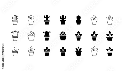 Simple potted plant and flowerpot line icons with outline glyph and filled styles vector collection