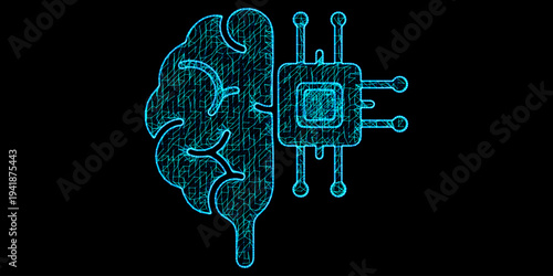 Cognitive Computing and Artificial Intelligence Concept with Human Brain Interface and Microchip Processor in Blue Digital Mesh Wireframe Style