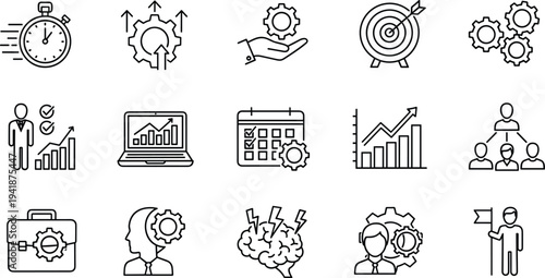 Productivity and Strategy Icon Set with Gears, Growth, and Leadership Symbols for Time Management, Planning, and Business Success Graphics