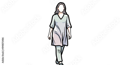 A cartoon woman walking in a simple outfit