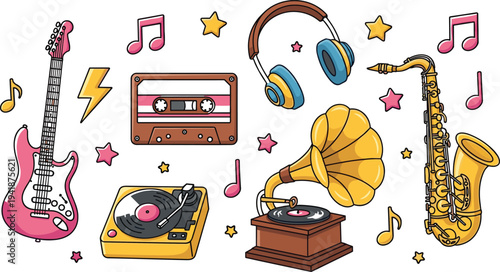 Retro Music Icon Set Featuring Electric Guitar, Vinyl Records, Headphones, Cassette Tapes, and Gramophone for Music Lovers and Audio Design