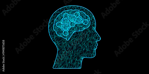 Artificial Intelligence Concept with Deep Learning Neural Network inside Human Head in Blue Digital Mesh Wireframe Style